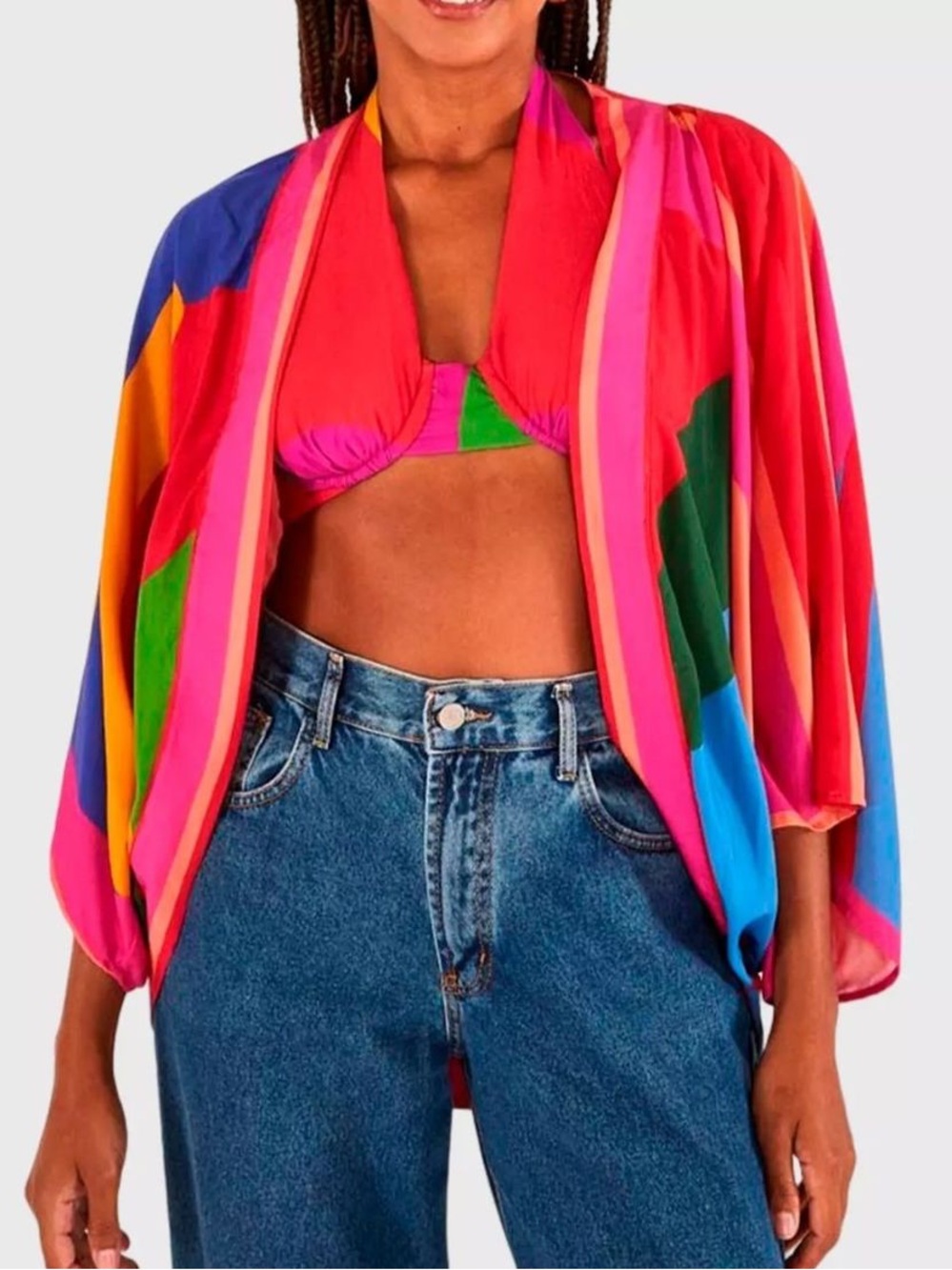 Farm Rio Abstract Colorful Print Open Front Kimono Cardigan one size Brazilian - Picture 6 of 9